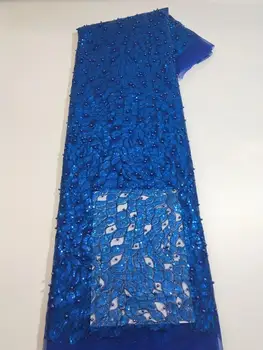 (5yards/pc) veľmi krásna kráľovská modrá francúzska čistý čipky svieti Afriky flitrami čipky textílie s korálkami na spoločenské šaty FCC150