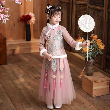 Deti Nového Roka Šaty, Oblečenie na Jeseň Zima Nové Vyšívať Dievča Hanfu Cheongsam Čínske Svadobné Tradície Kvetina Dievča Šaty