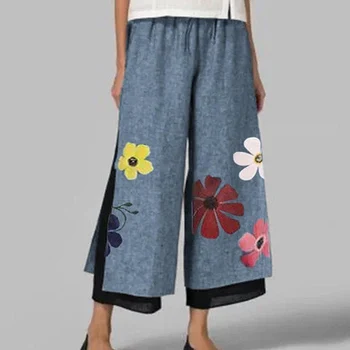 Plus Veľkosť Womens Bežné Nohavice Kvetinový Vytlačené Dvojvrstvové Nohavice Na Jar Jeseň Rovné Polovice Nohavíc Oblečenie Pre Ženy