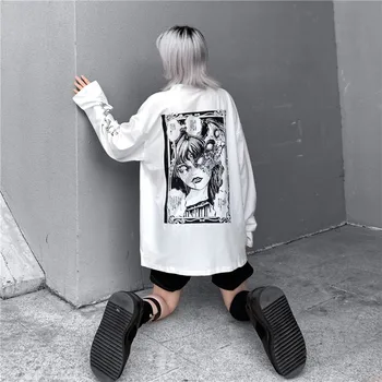 Harajuku T-shirt Ženy Retro Tmavé Vytlačené Dlhý Rukáv O-krku Voľné Top Tees Nové Módne Streetwear Bežné Grunge tričká Unisex
