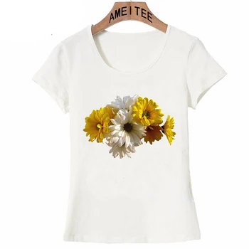 Nové Módne Ženy T-Shirt Krásne Biele a Žlté Sedmokrásky Print T Shirt Roztomilé Kvety Milovníkov Bežné Tees Lete Žena Topy