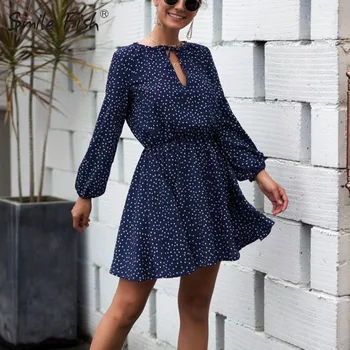 Móda Šifón Ženy-Line Slim Office Lady Ženské Šaty Kávy 2019 Jeseň O-Krku Elegantné Dot Vytlačené Sexy Mini Šaty GV952