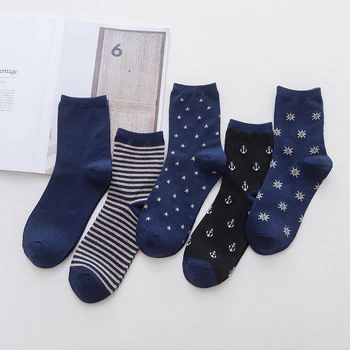 LJIQQ 5 párov nové módne navy vietor modrých mužov ponožky osobnosti bežné bavlnené ponožky jar leto kórejský štýl ponožky