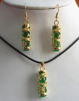 Hot predaj nových, jedinečných 18kgp dragon vložkou green valec kameň náhrdelník & náušnice, sety