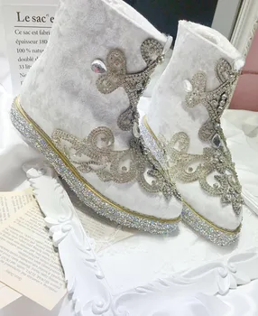 Biele Stádo Topánky s Krištáľovo Kvety Drahokamu Korálkové Snehu Topánky, dámske Topánky pre Dievčatá Lady Tehotné Zime