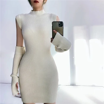 Sukibandra 2020 Jeseň Dlhý Rukáv Ženy Bodycon Pletený Sveter Sexy Šaty Club Tenký Mini Šaty Vintage Elegantné Biele Šaty