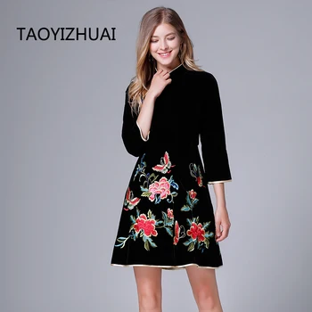 TAOYIZHUAI 2019 Nový Príchod Jesene Čínsky Štýl Komplexné Kvet Emboridery Plus Veľkosť Zips Lietať-Line Čierne Šaty Žien 14268
