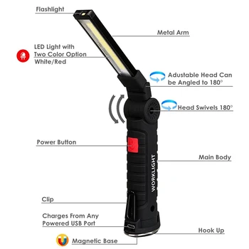 Zk20 USB Nabíjateľná LED Baterka Skladacie KLASU Prenosné Woring Svetlo Magnetické Základne Háčik Kontrola, Oprava Camping Lampa