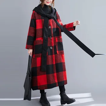 Ženy 2020 Zimné Hrubé Vlnené Sako Žena s Kapucňou Kockovaný Kabát Plus Veľkosť Streetwear Dámy Nadrozmerná Dlho Vlnené Kabát 4XL 5XL 6XL