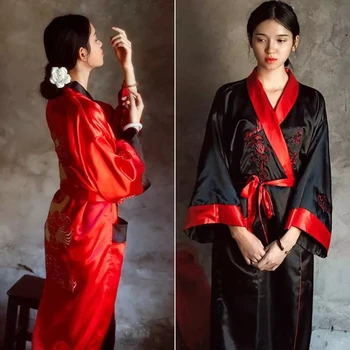 Novinka Reverzibilné Black Red Ženy Satin Kimono Ručné Výšivky Dragon Nightgown Šaty, Šaty Dve Bočné Sleepwear