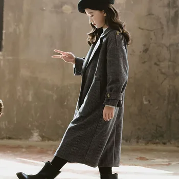 Vlnené Deti Sivý Kockovaný Výkopu Kabáty Pre Deti Fleece Dlhé Zimné Bundy Oblečenie Móda 2020 Dospievajúcich Dievčat, Vrchné Oblečenie Kabát