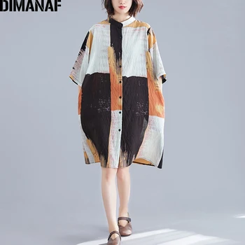 DIMANAF Plus Veľkosť Ženy Dlho, Blúzky, Košele, Letná Bežné Bavlnené Obliečky Vintage Ženské Oblečenie Voľné Základné Tlač Tričko Šaty 2019