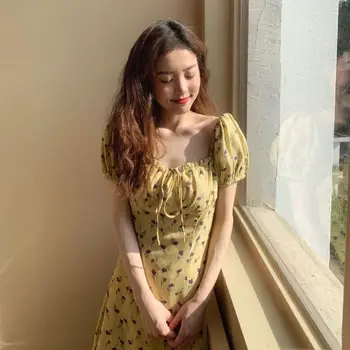 Tlač Na Kvetinový Žlté Šaty Bavlna Mini Krátke Vestido Festa Sundress Dráhy Kórejský Štýl Ženy Vestidos Playa 2020 Vetement Femme