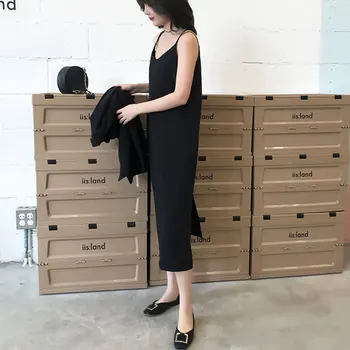 Vogue Sexy Kríž Sling Black Maxi Šaty Späť Pozdĺžneho Tvaru Bez Rukávov Voľné Bežné Elegantná Košieľka Šaty Lady Klubu Strany Nosenie