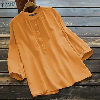2021 Jeseň ZANZEA Elegantné dámske Vintage Blusa Čaj Ženský Bavlnené Tričko Topy Dámske Bežné Pevné Voľné Tees Plus Veľkosť 5XL