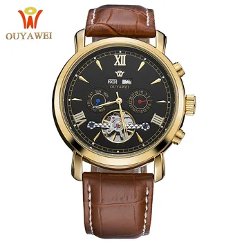 OUYAWEI značky high-grade kože plne automatické Swiss night light multi-funkčné pánske nepremokavé business mechanické hodinky