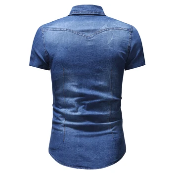 2019 Nové Camisa Masculina Krátke Rukávy Denim Shirt Pre Mužov Listy Vytlačené Vrecku Košele Módne Bežné Pevné Tričká Muž