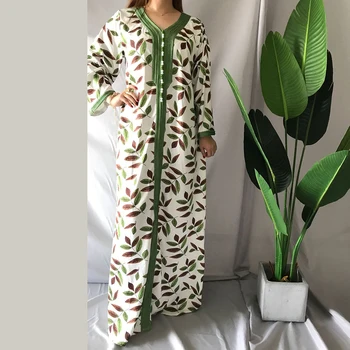 Siskakia Módne Moslimských arabčina Šaty pre Ženy 2020 Páse s nástrojmi V Krku Dlhý Rukáv Listy Tlač Marocký Kaftan Duabi Zelené Oblečenie