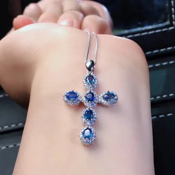 Prírodný klenot kameň prívesok S925 silver Natural blue sapphire Prívesok Náhrdelník módne, Elegantné, krásne Kríž ženy, svadobné šperky