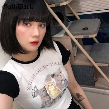 Gotická Tmavé Harajuku Estetické kórejských Žien T-shirt 2020 Lete Grafické Kawaii Tlač E-Roztomilý dievča Bodycon Volánikmi Ženy Plodín Topy