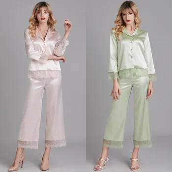 Nový 2 Kus na jar a leto, Ženy Sleepwear Faux Hodváb Saténové Pyžamo Nastaviť Dlhý Rukáv čipky Sleepwear Oblek