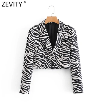 Zevity 2021 Ženy Vintage Čierna Biela Zebra Prúžok Tlače Elegantné Krátke Sako Office Dámy Breasted Bežné Outwear Vyhovovali Topy CT640