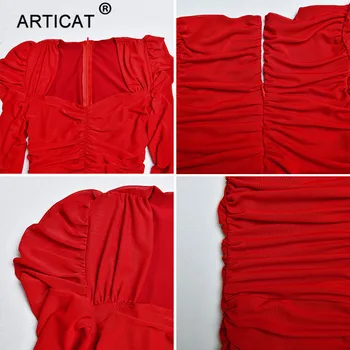 Articat Sexy Bodycon Ruched Oka Šaty Žien Lístkového Dlhý Rukáv Námestie Krku Červený Mini Šaty Dámske Strany Klubu Elegantné Vestidos