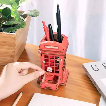 Kreatívne 3D Drevené Puzzle Telefónne Búdky Model Budovy Súpravy Penholder DIY Hračka pre Dieťa Dospelých Nový Príchod