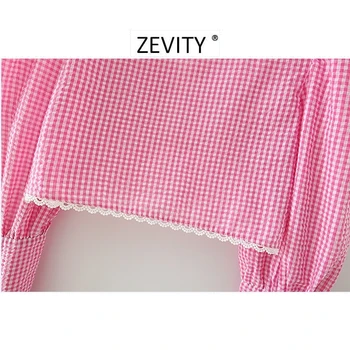Zevity ženy vintag námestie golier ružová pléd, tlač krátke halena blúzka lady chic súd blusas čipky okraj orezaný tričko topy LS7004