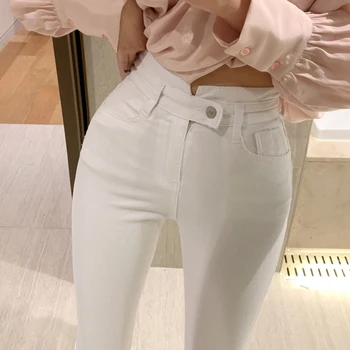 Kórejský módny dizajn slim denim ceruzkou nohavice 2020 lete žien vysoký pás tlačidlo džínsy, biele dámske ležérne deväť bodov džínsy