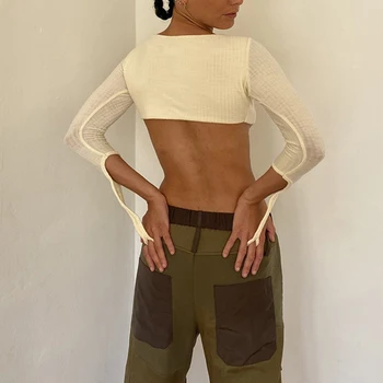Móda ultrashort Low-cut žena tričko bodycon long-sleeve vysokej streetwear sexy tvaru klub žena čipky plodín topy nové