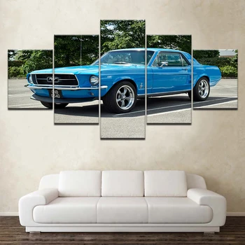 Umelecké diela Retro Modré Športové Auto Plagát Domova Wall Art 5 Kusov Obrázok Ford Mustang Závodné Auto, Plátno, Maľovanie HD Tlač Rám