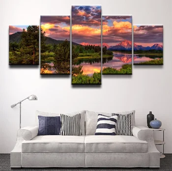 Múr Umenia Plagátu, Plátna HD Tlač Krásny západ Slnka a Rieky Stromov Obrázkov 5 Ks Maľovanie Obývacej Domova Izba Dekor