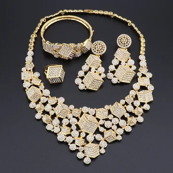 Svadobné Šperky Set Svadobné Šperky Zlatá Farba Náhrdelník Náramok Nigérijský Krištáľové Náušnice, Prsteň pre Ženy