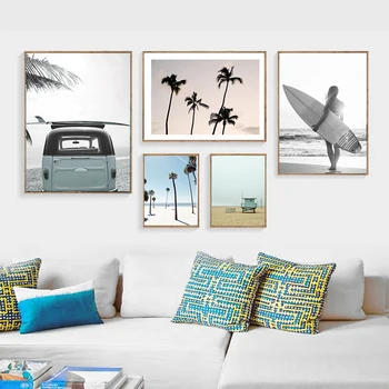 Palma Wall Art Plavčík Pláži Plátno Na Maľovanie Botanická Plagáty A Vytlačí Surf Dievčatá Obrazov Na Stenu Pre Obývacia Izba