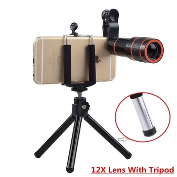 Fotoaparát Kit 12X Zoom Objektív pre Smartphone Ďalekohľad, Fotoaparát Lente Telefón Ďalekohľad Fisheye Makro Objektív, Statív Klip Bluetooth