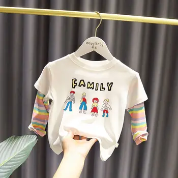 Dievčenské dlhým Rukávom (T-shirts 2020 Nové Jeseň Detí Topy Voľné Bavlna Západného Štýlu Falošné Dvoch-Dielny