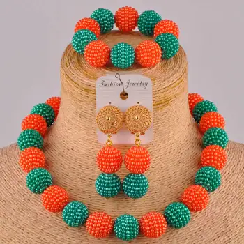 Sivozelená zelená armáda zelená oranžová afriky náhrdelník nigérijský korálky šperky nastavenie simulovanej pearl kostým svadobné šperky sady FZZ97