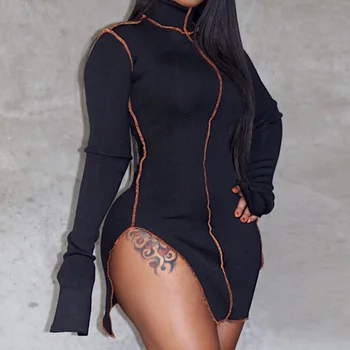 Jeseň Ženy, Slim Split Švy Turtleneck Šaty Vysoký Pás Line Design Čierna Farbou Bežné Dievča Streetwear Oblečenie