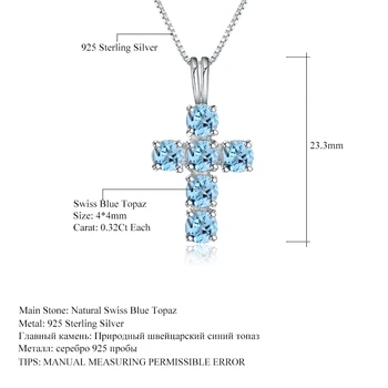 Gem Balet Swiss Natural Blue Topaz Drahokam 925 Sterling Silver Cross Prívesok Náhrdelníky pre Ženy Strany Jemné Šperky Collares