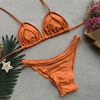 Sexy Trojuholník Plavky Ženy Push Up Bikini Set Ruched Háčkované Plavky, Plavecké Pláž Nosiť Obväz Pletené Lano Plavky