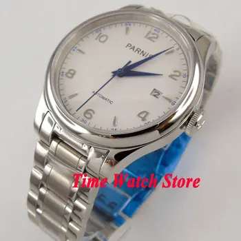 Parnis 38 mm biela dial modré ruky dátum zafírové sklo 21 šperky MIYOTA Automatický pohyb pánske hodinky 782