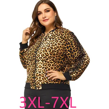 Ženské jar jeseň plus veľkosť bunda pre ženy veľké príležitostné voľné dlhý rukáv zips leopard krátke kabáty 3XL 4XL 5XL 6XL 7XL