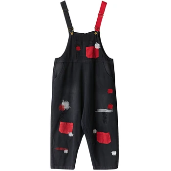 Streetwear Módy Čierne Alebo Červené Džínsové Nohavice Ženy Jeseň Vrecká Roztrhlo Mama Džínsy Jumpsuit Voľné Veľká Veľkosť Popruhy Neforemné Nohavice