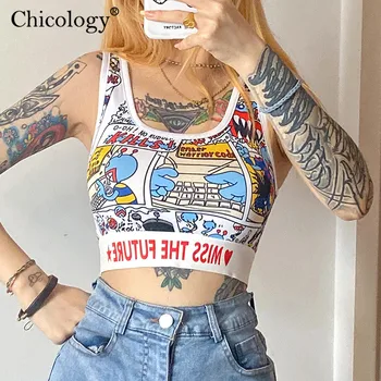 Chicology tlač streetwear plodín tank top ženy bez rukávov 2020 leto, jeseň sexy punk krátke šaty club y2k móda