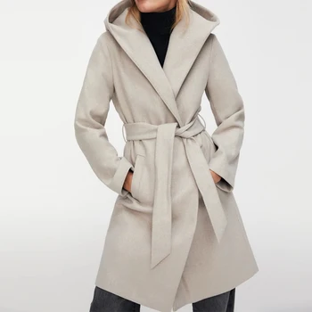 2020 Jeseň Zima Vlnené Kabát Žien Pevné Coats Módne Ženy Bunda Voľné Pás Dlhý Kabát Žena Bežné Vlny Kabát