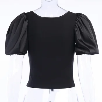 Vintage Plodín Nafúknuť Horný Krátky Rukáv Tshirts Bavlna Ženy Letné Topy 2020 Lúk V Krku Obväz T-Shirts Black Goth Tee Tričko Femme
