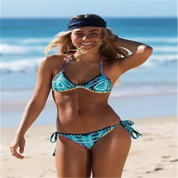 2017 Sexy Ženy Bikini Set Vintage Brazílsky Tlač Plavky Obväz Push-Up Čalúnená Plavky Na Kúpanie Plážové Oblečenie Dámske Biquni