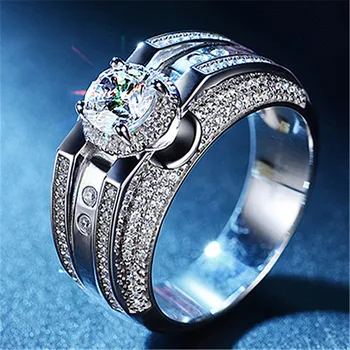 Trendy Žena Muž Kola White Crystal Šperky Classic Strieborná Farba Svadobné Veľké Prstene Pre Mužov Kúzlo Zirkón Kameň Zásnubný Prsteň