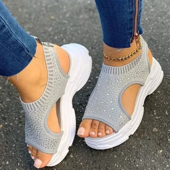 Crystal Ženy Sandále Strečové Tkaniny Platformu Típat Prst Priedušná Výšky Rastúci Ležérne Módne 2020 Letné Dámske Topánky